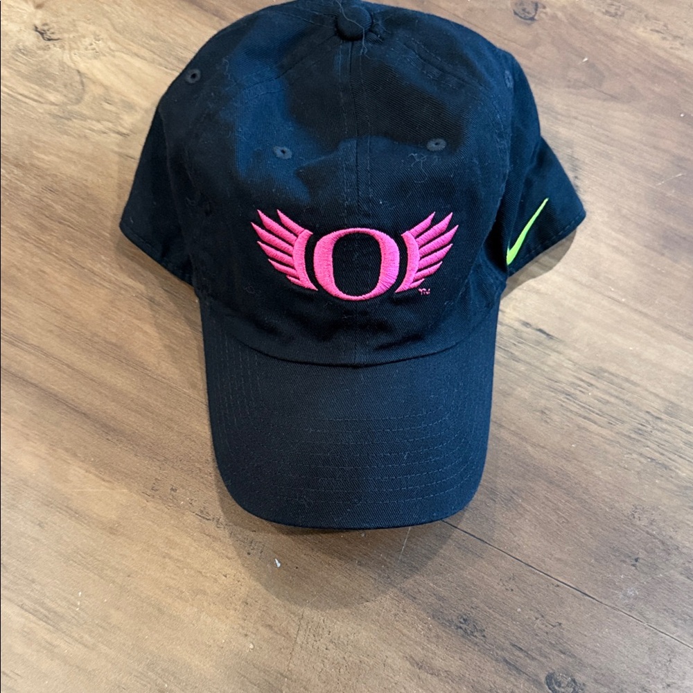 Oregon Ducks breast cancer hat Black Cap with Pink Winged "O" and Neon Swoosh